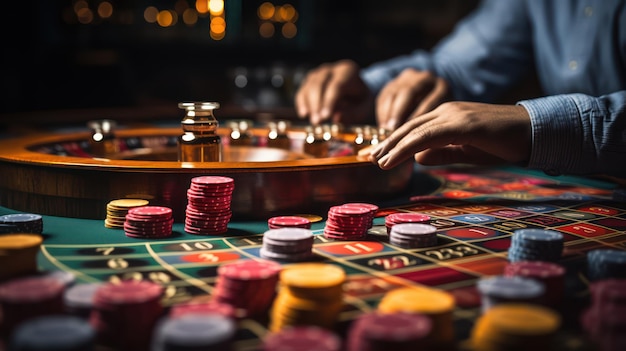 Gros plan de la main d'un joueur de casino poussant toutes les pièces de monnaie dans le plateau de jeu