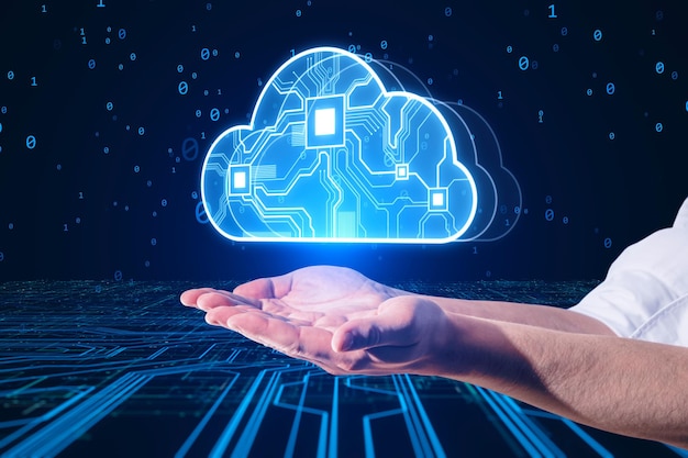 Gros plan sur une main masculine tenant un hologramme Glowing cloud hologram Cloud computing technology internet on convergeing point of circuit and abstract blue background Cloud Service Cloud Storage Concept