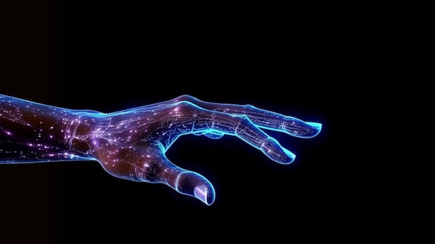 un gros plan de la main d'une personne avec une main bleue brillante