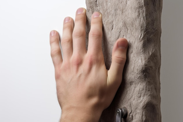 Gros plan d'une main saisissant une prise d'escalade sur un mur de bureau