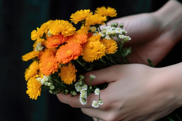 Gros plan d'une main tenant des fleurs créées avec une IA générative