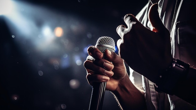 Gros plan d'une main tenant un microphone vocal