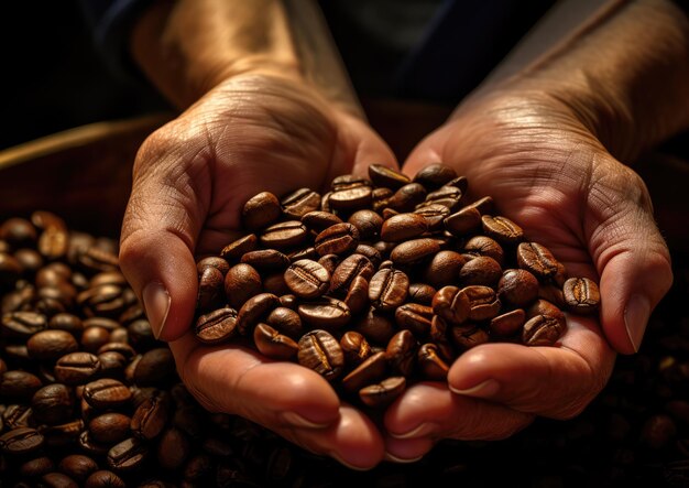 Un gros plan d'une main tenant une poignée de grains de café fraîchement torréfiés capturant les riches