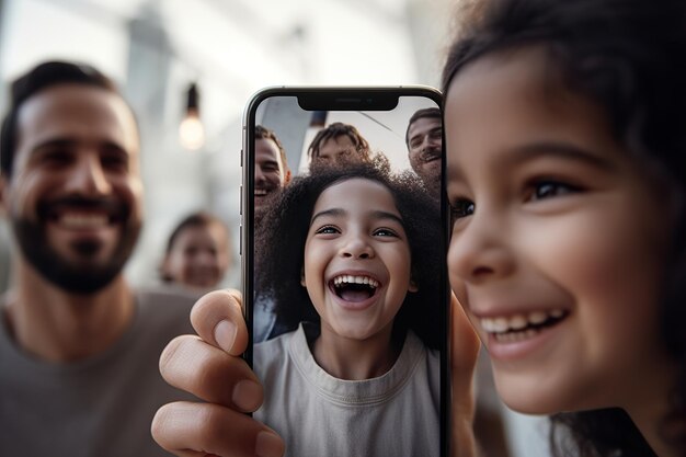 Photo gros plan main tenant un smartphone avec appel vidéo familial à l'écran