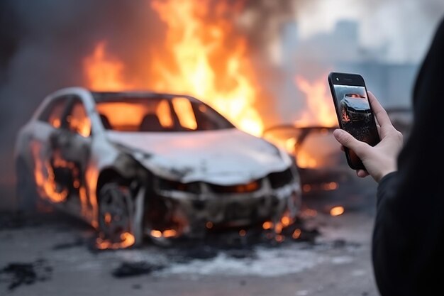 Gros plan main tenant un smartphone avec maquette d'écran vide et accident de voiture en arrière-plan