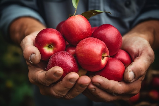 Gros plan des mains d'un agriculteur masculin cueillant une pomme rouge mûre Ai générative