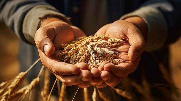 gros plan des mains d'un agriculteur tenant un blé doré mûr