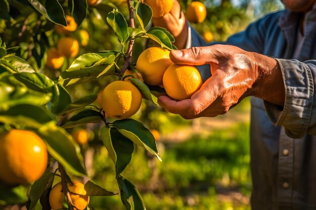 Gros plan sur les mains des agriculteurs mâles cueillant des fruits orange ou mandarin Concept de récolte et d'agriculture d'aliments biologiques AI générée