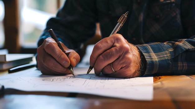 Un gros plan des mains d'un artiste alors qu'ils dessinent avec un stylo et un crayon L'artiste porte une chemise à carreaux et a une bague au doigt