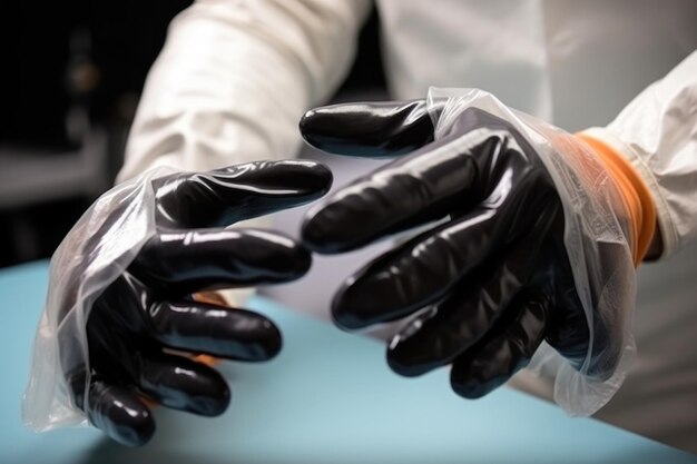 Photo gros plan des mains d'un astronaute tenant un gant spatial créé avec une ia générative