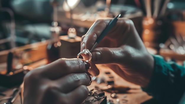 Photo un gros plan des mains d'un bijoutier travaillant sur une bague