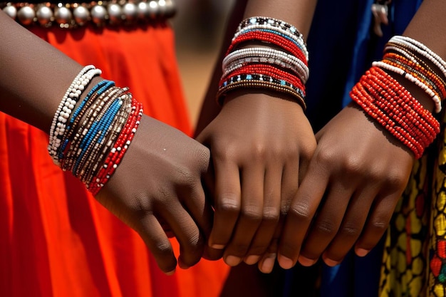 Photo gros plan des mains avec un bracelet de masai