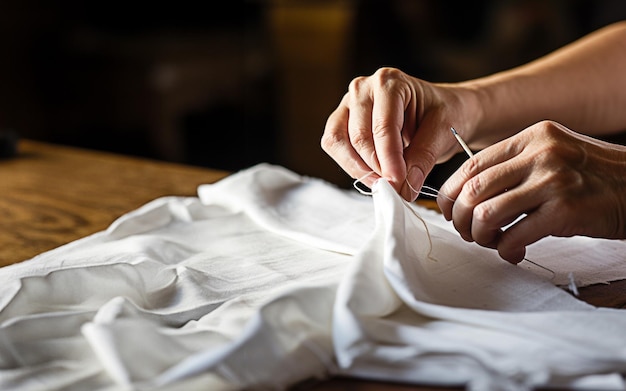 Gros plan des mains cousant une chemise blanche avec une aiguille et du fil sur une table en bois