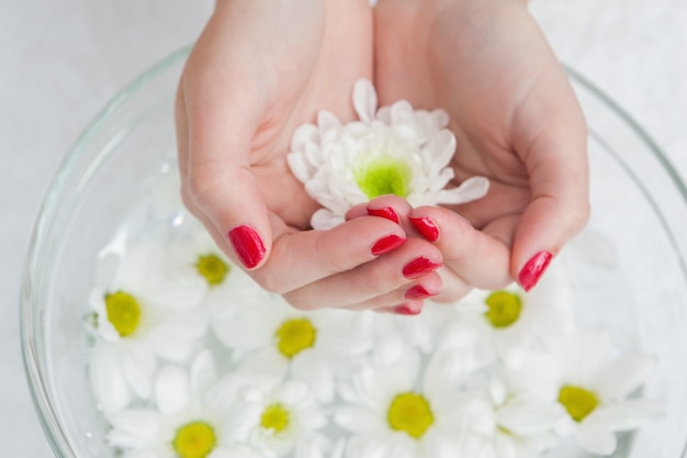 Gros plan des mains dans un bol avec des fleurs