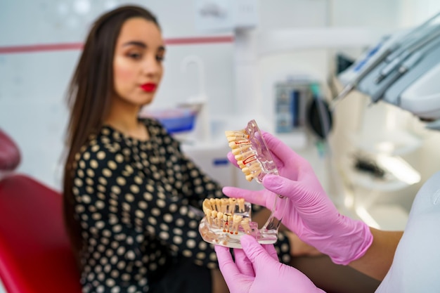 Gros plan des mains du médecin dans des gants roses contient un modèle artificiel de la mâchoire avec des pauses Le dentiste montre un exemple d'alignement des dents