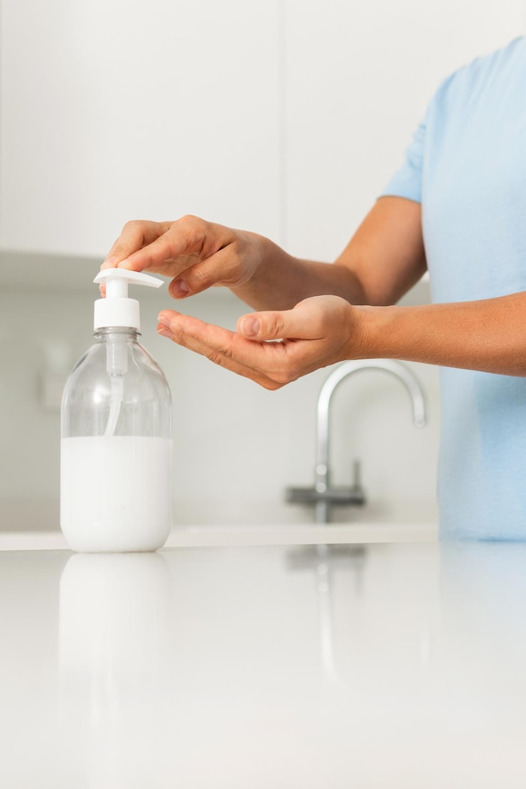 Photo gros plan des mains féminines avec un désinfectant pour les mains ou du savon liquide pour la désinfection des mains.