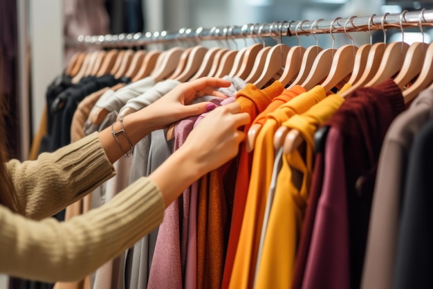 Gros plan de mains féminines pincées sur un cintre choisissant des vêtements dans un magasin de vêtements IA générative