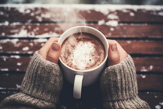 Gros plan de mains féminines tenant une tasse avec du cacao chaud fumant