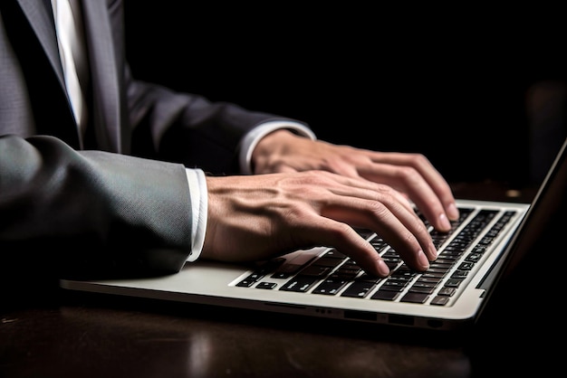 Gros plan des mains d'une femme d'affaires tapant sur un clavier d'ordinateur au bureau IA générative