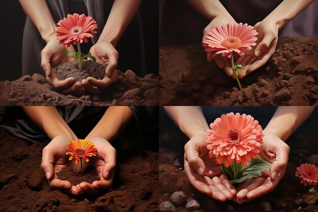 Gros plan des mains d'une femme tenant une marguerite gerbera