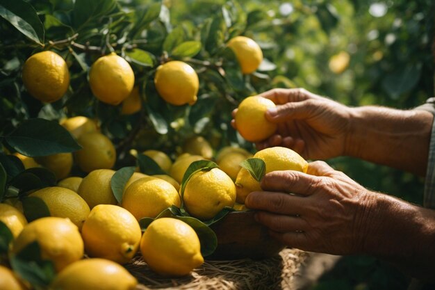 Un gros plan des mains d'un fermier qui sélectionne soigneusement les citrons parfaits