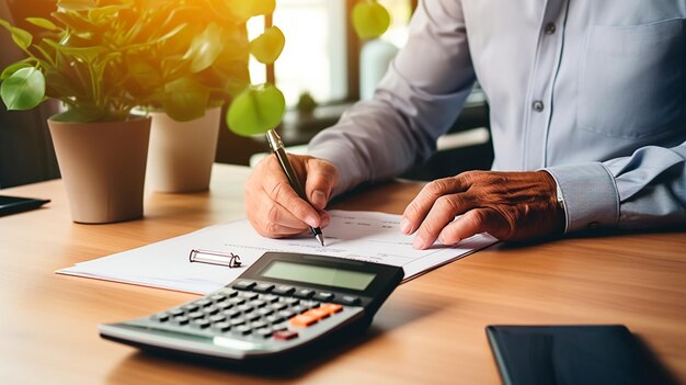 Gros plan des mains d'un homme d'affaires à l'aide d'une calculatrice et d'un stylo pour calculer le rapport financier sur une table en bois au bureau AI générative