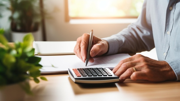 Gros plan des mains d'un homme d'affaires à l'aide d'une calculatrice et d'un stylo pour calculer le rapport financier sur une table en bois au bureau AI générative