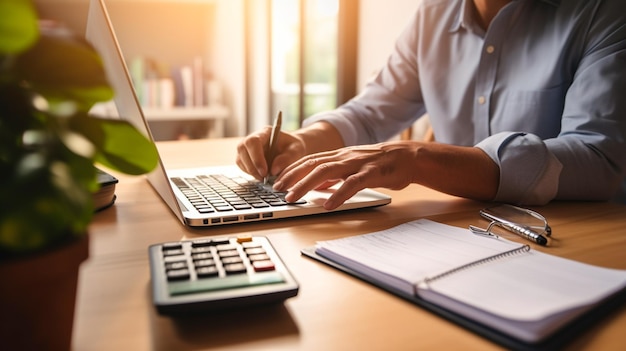 Gros plan des mains d'un homme d'affaires à l'aide d'une calculatrice et d'un stylo pour calculer le rapport financier sur une table en bois au bureau AI générative
