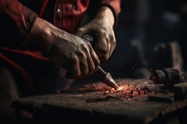 Gros plan sur les mains d'un homme dans une chemise rouge travaillant avec une torche de soudage Homme forgeron gros plan travaillant avec du métal Ai généré Ai généré