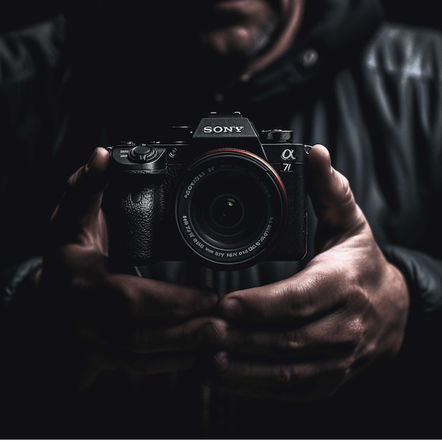 Photo gros plan sur les mains d'un homme tenant un appareil photo avec un fond noir