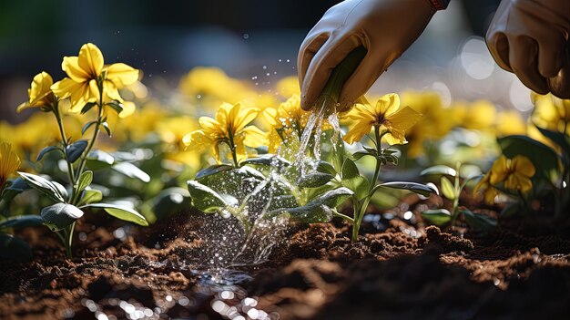 gros plan des mains d'un horticulteur avec des gants arrosant les plantes à fleurs dans un jardin