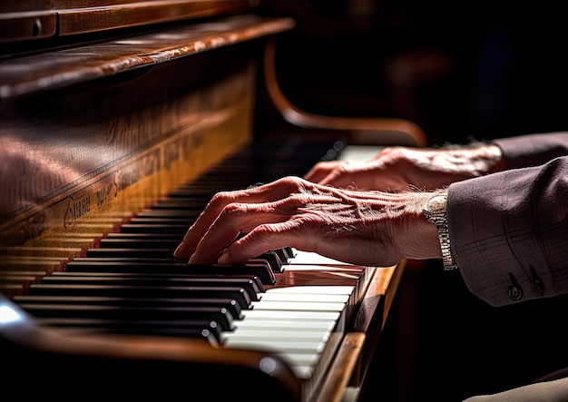 Un gros plan des mains d'un musicien jouant d'un piano à queue capturant les détails complexes de