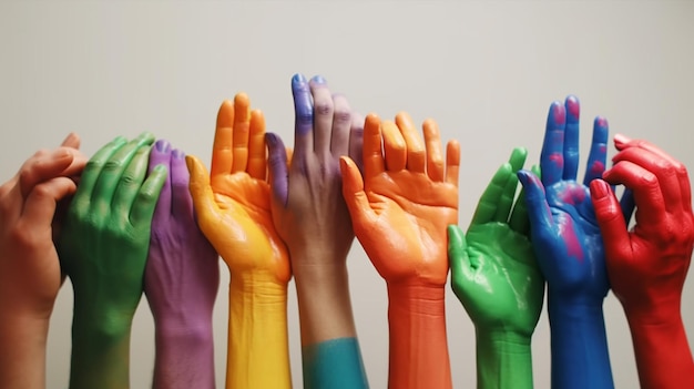 Gros plan des mains peintes de différentes couleurs comme drapeau arc-en-ciel tenant ensemble symbolisant