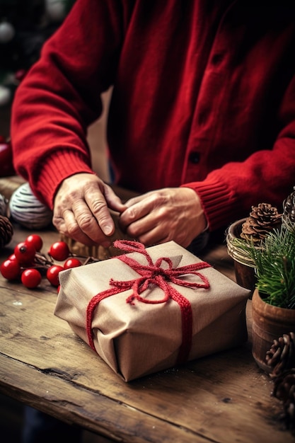 Gros plan des mains d'une personne adulte enveloppant un cadeau de Noël