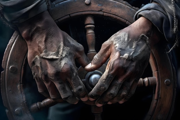 Gros plan sur les mains d'un pirate somalien agrippant la roue d'un navire altéré Generative AI
