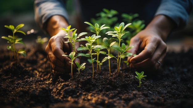 Un gros plan de mains plantant de jeunes arbres