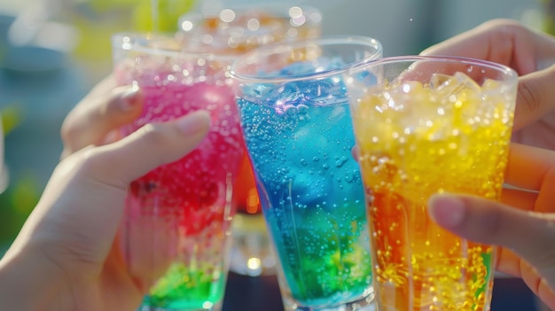 Un gros plan de mains qui claquent des verres remplis de mélanges de Granini Sensation colorés capturant le moment de joie