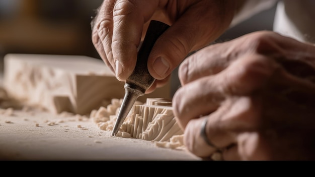 Gros plan des mains d'un sculpteur sculptant du marbre