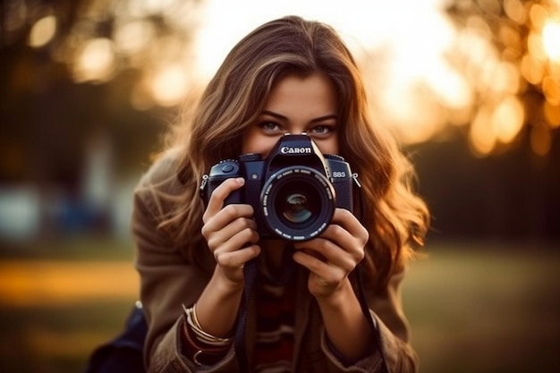 Gros plan des mains tenant un appareil photo vintage prenant une photo d'une belle photo de paysage prise par derrière