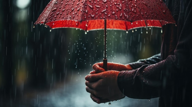 Gros plan des mains tenant un parapluie sous la pluie