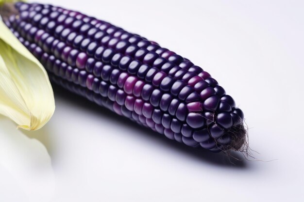 Photo un gros plan d'un maïs violet sur une surface blanche