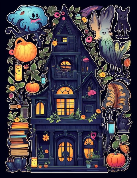 Un gros plan d'une maison avec beaucoup de décorations d'halloween générative ai