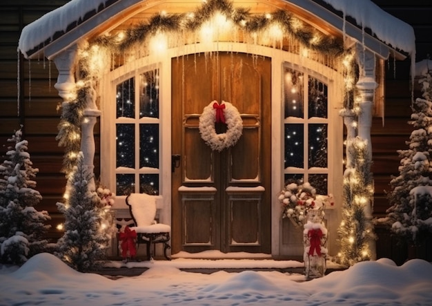 Un gros plan d'une maison avec une couronne de Noël sur la porte d'entrée