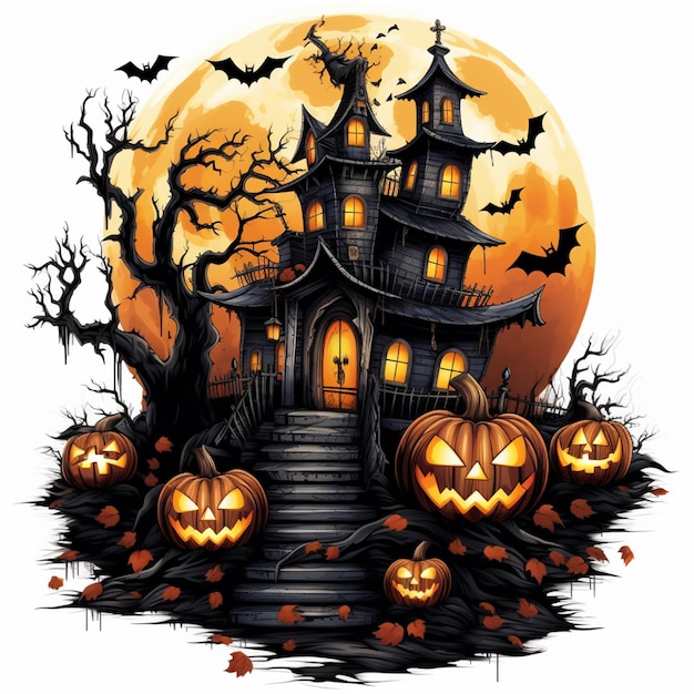 Un gros plan d'une maison d'halloween avec des citrouilles et des chauves-souris générative ai