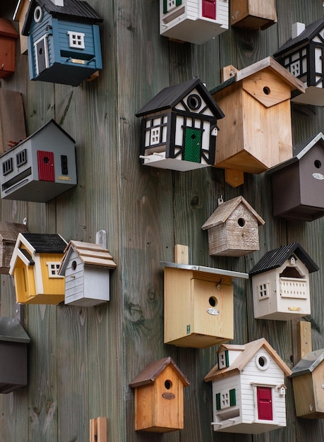 Photo gros plan de maisons d'oiseaux sur le mur