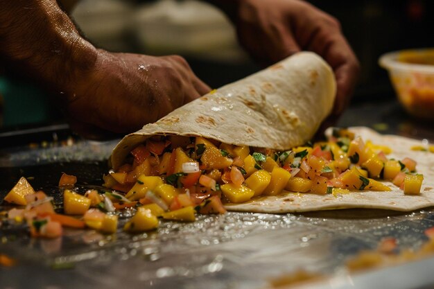 Un gros plan d'une mangue en dés ajoutée à un burrito