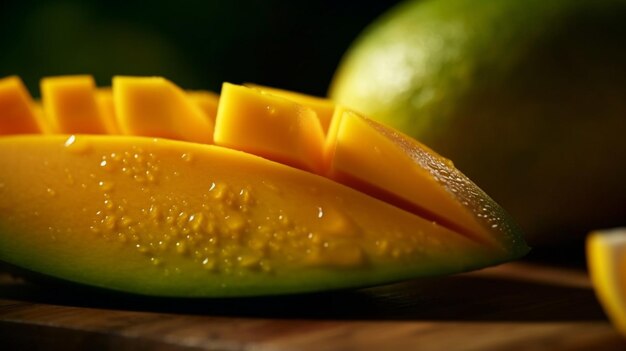 Un gros plan d'une mangue mûre tranchée avec un filet de citron vert