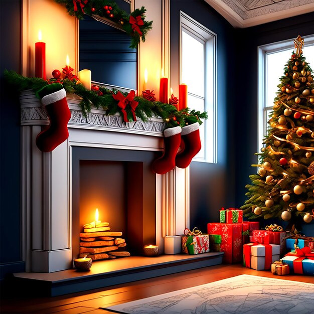 Un gros plan d'un manteau de Noël décoré avec des bas et des bougies