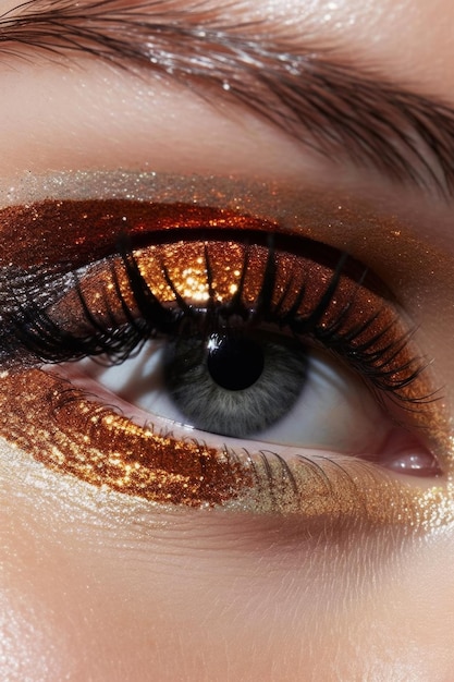 Un gros plan d'un maquillage des yeux avec des paillettes d'or sur l'œil.