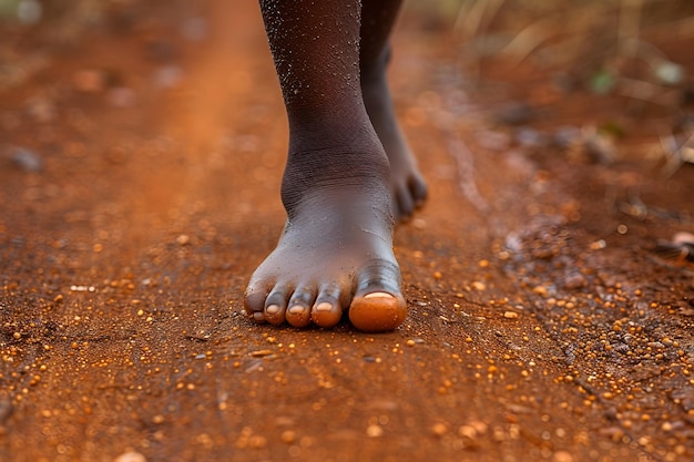 Photo un gros plan de marche à pieds nus sur une route de terre rouge rouillée